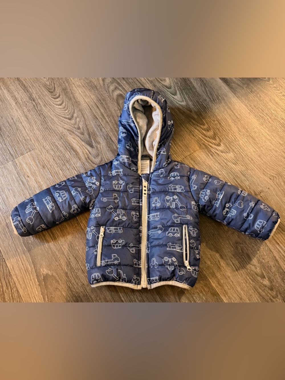 Toddler Navy Blue Puffer Jacket with Vehicle Pattern and Hood